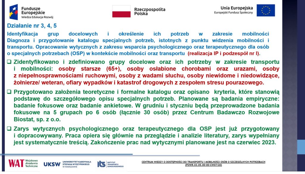  „Slajd przedstawiający stan realizacji zadania nr 1 w ramach działań 3, 4 i 5”