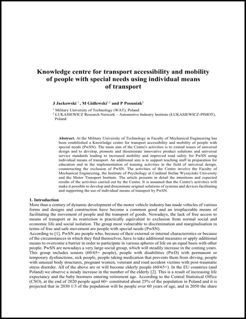 Knowlege centre for transport accessibility and mobility of people with special neeeds using indyvidual means of transport