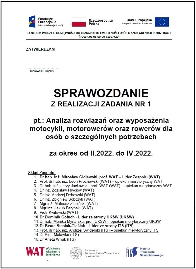 Analiza rozwiązań oraz wyposażenia motocykli, motorowerów oraz rowerów dla osób o szczególnych potrzebach